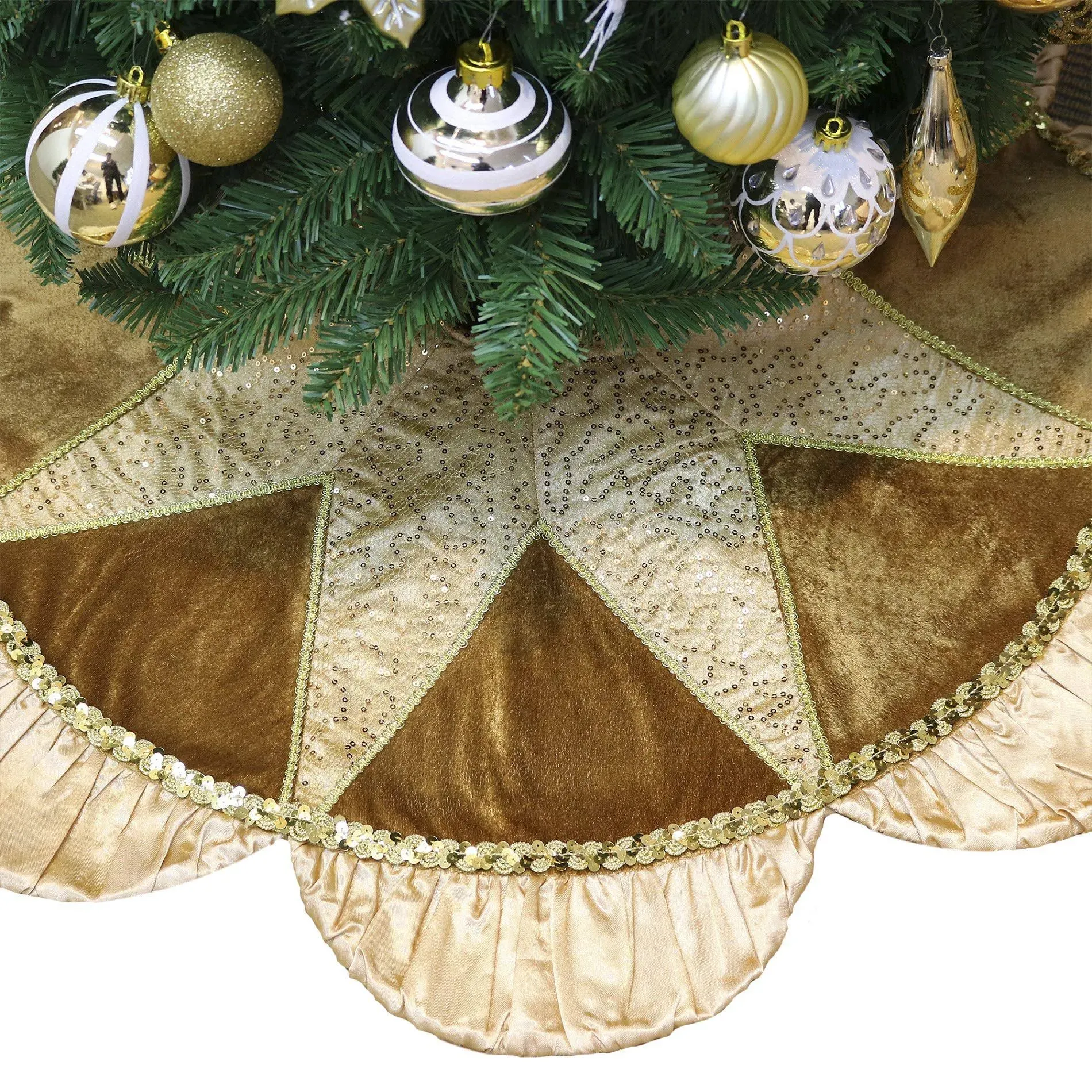 Valery Madelyn Christmas Tree Skirt for Tree Decorations, 48 Inch Luxury Sparking Gold Large Xmas Tree Skirt with Starshaped Sequins Pattern & Ruffle Trim for Merry Christmas Party Christmas Decor