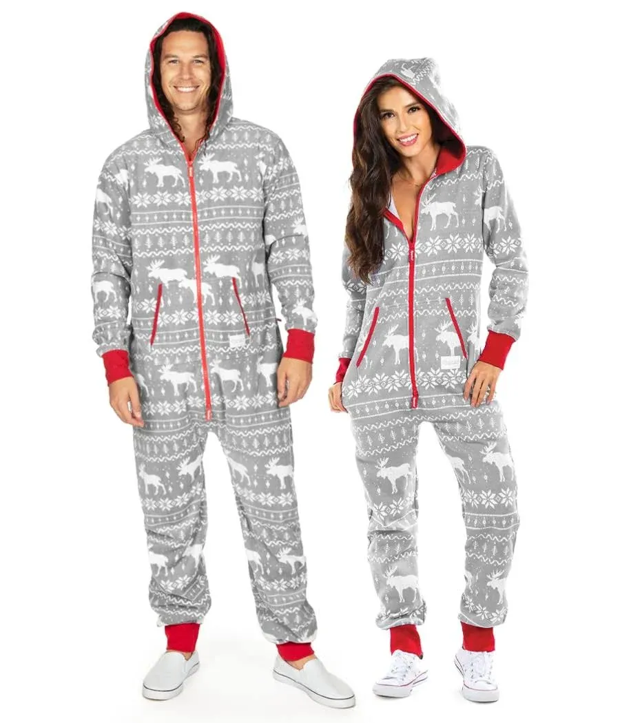 Tipsy Elves Men's Cozy Christmas Onesie Pajamas - Grey Moose Adult Holiday Jumpsuit: