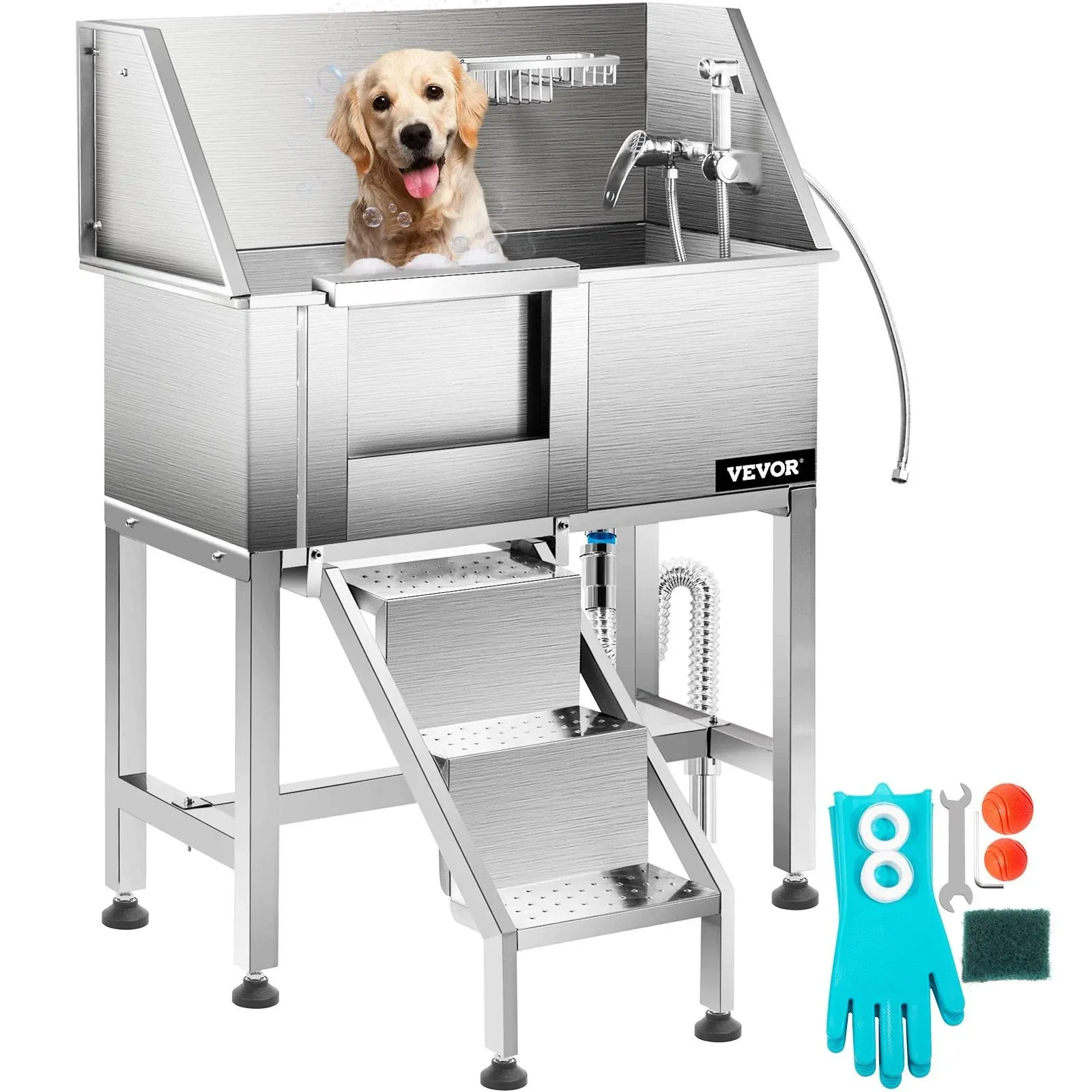 VEVOR Pet Dog Bathing Station w/Ramp Professional Stainless Steel Dog Grooming Tub w/ Storage Drawer