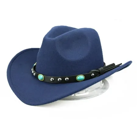 Sanwood Mens Hat Navy Blue Fashion Rivet Roll Up Wide Brim Western Cowboy Cowgirl Hat Sombrero Jazz Cap