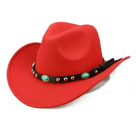 Sanwood Mens Hat Red Fashion Rivet Roll Up Wide Brim Western Cowboy Cowgirl Hat Sombrero Jazz Cap