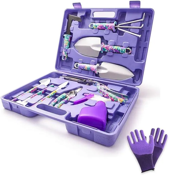 Garden Tools Set, 11 Pieces Gardening Gifts with Purple Floral Print, Ergonomic Handle, Trowel, Rake, Shovels, Pruner, Shears, Sprayer, Gloves, Garden Hand Tools with Carrying Case