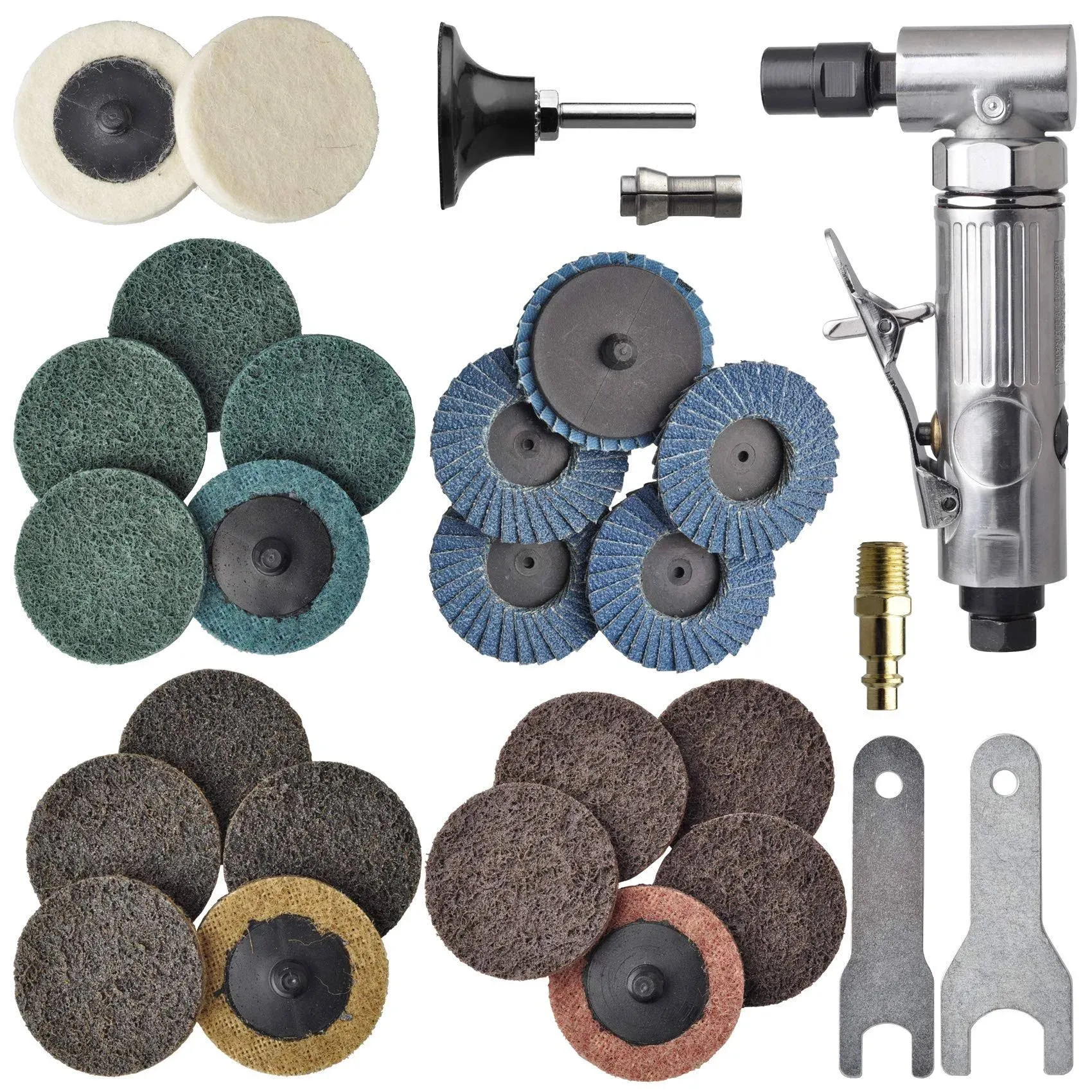 TOOLPEAK 1/4 inch angle air die grinder with 22 pcs 2-inch roll lock sanding discs