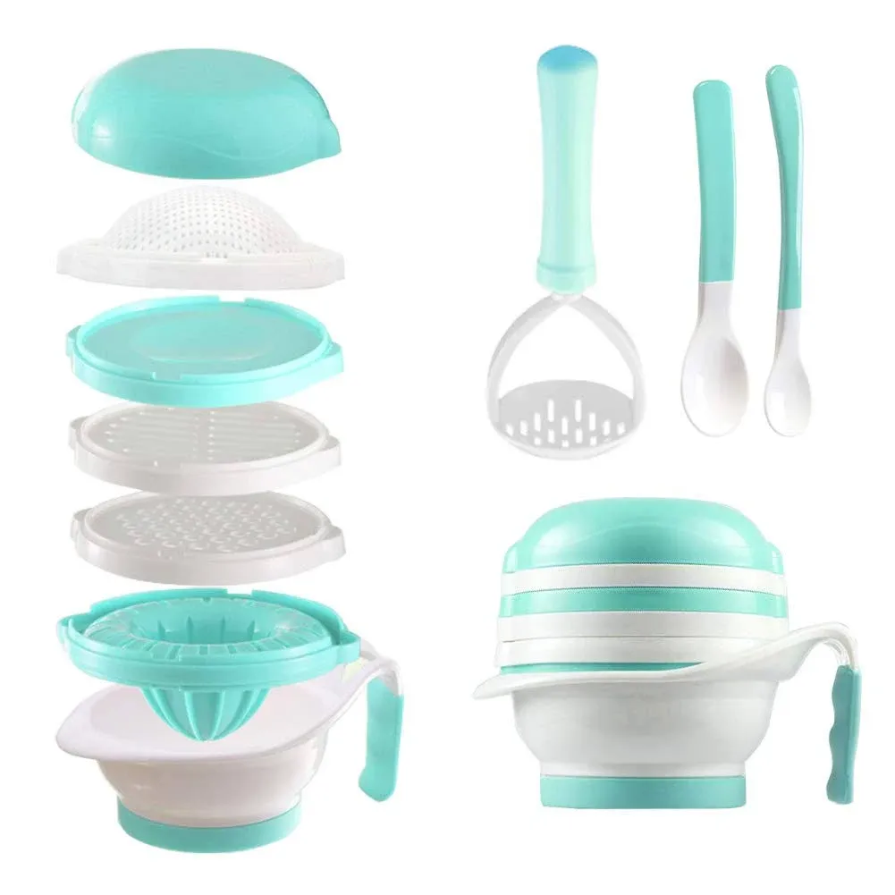 Matyz Versatile Baby Food Maker Set - Toddler Food Mills with Mash Bowl, Hand Masher, Citrus Juicer, Grater - Making Homemade Baby Food - Fruits and Vegetables Masher - No BPA (Mint Green)