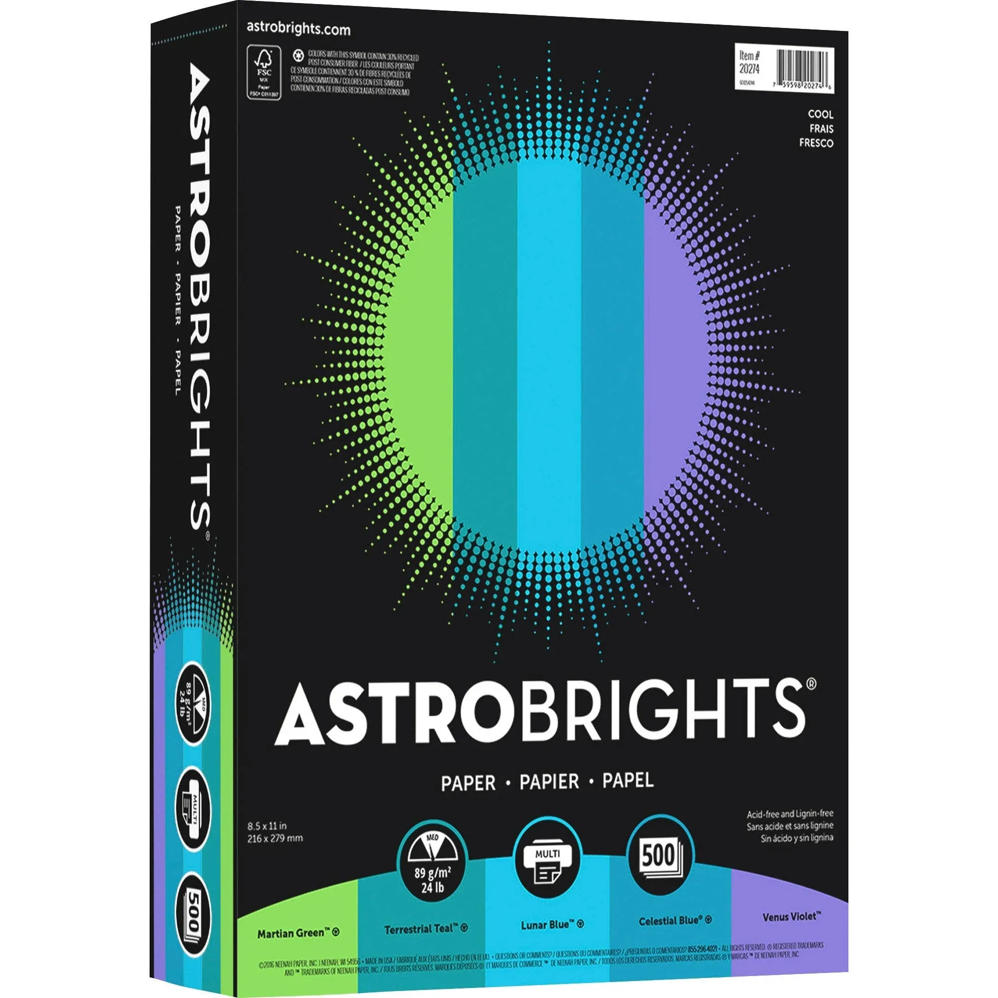 Astrobrights Color Paper - Cool Assortment, 24lb, 8.5 x 11, Assorted Cool Colors, 500/Ream