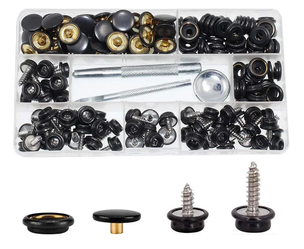 180 Pieces Canvas Snap Kit, BetterJonny Stainless Steel Screws Snaps Marine Grade Canvas and Upholstery Boat Snaps Button Fastener with 3 Setting Tools for Boat Cover Furniture Black