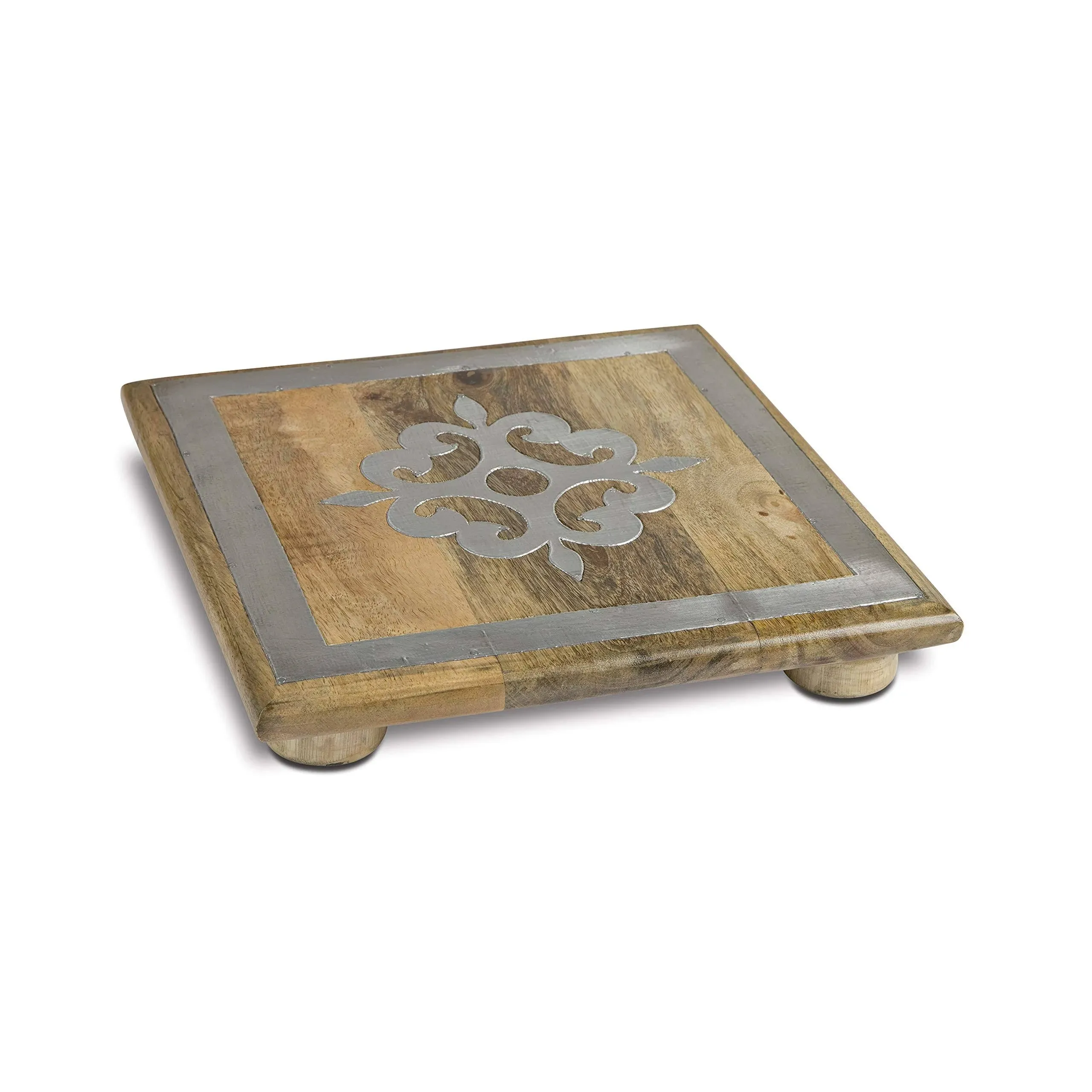 10inch Square Metal Inlaiddetail Footed Wood Trivet