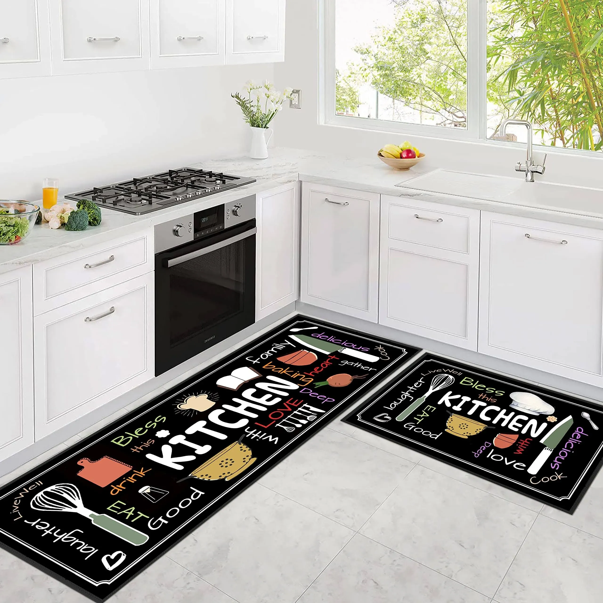 Linen Geometric Kitchen Utensils Rugs Black Kitchen Mats for Floor 2 Piece, Anti ...