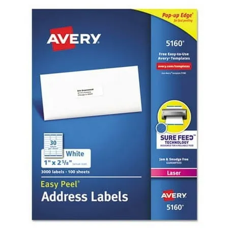 Easy Peel Mailing Address Labels Laser 1 x 2 5/8 White 3000/Box 5160