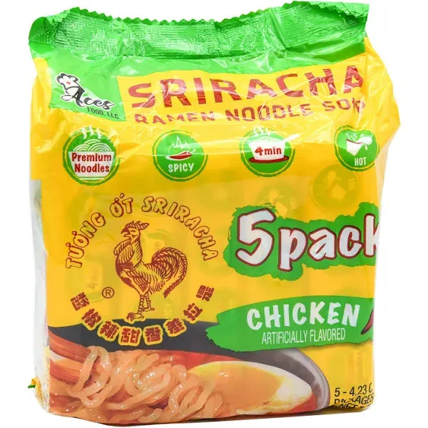 Tuong Ot Sriracha Chicken Flavor Ramen Noodle Soup 4.23 oz. Bag (5 Pack)  (Exp