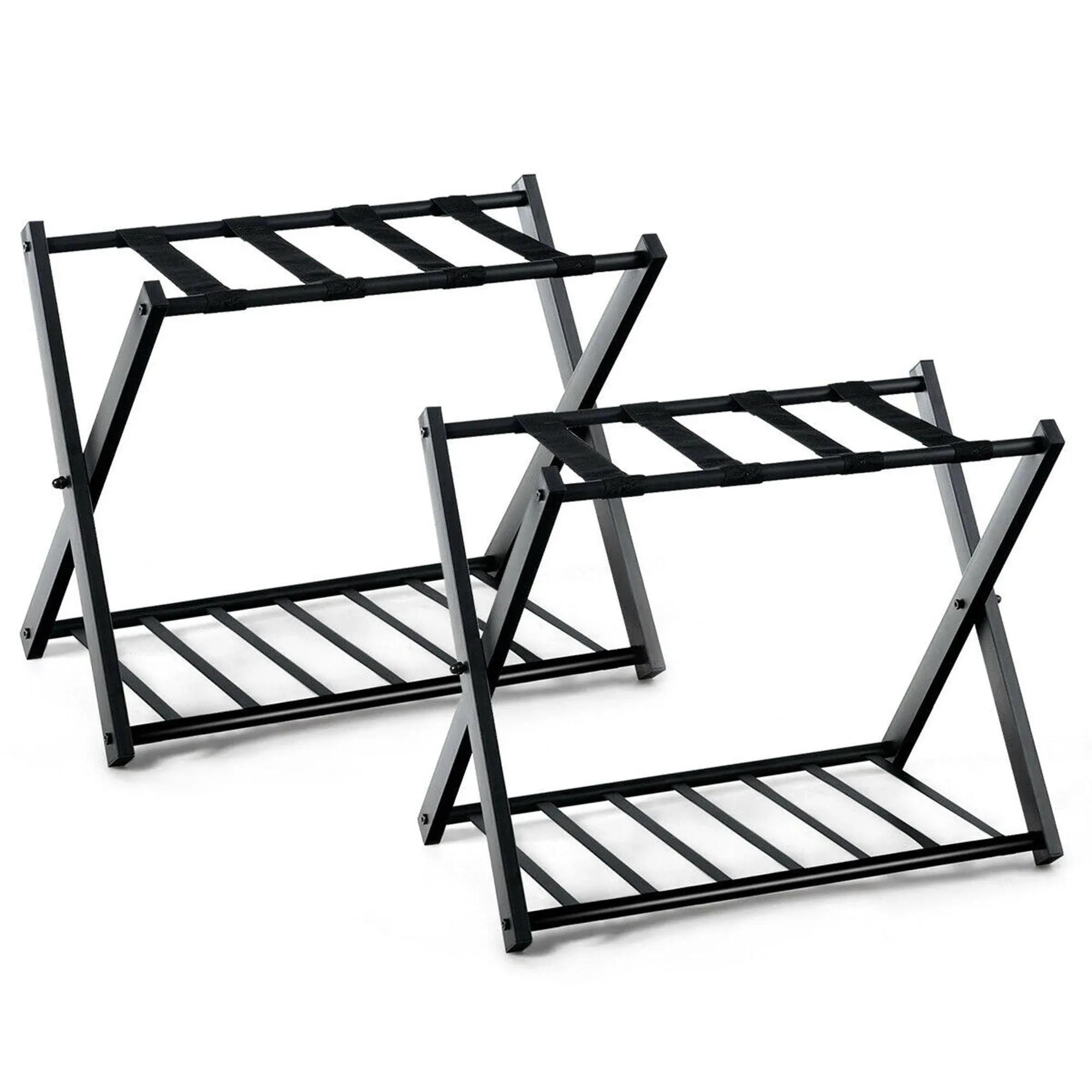 HOOBRO Folding Luggage Racks Set of 2, Double Tiers Suitcase Stand for Guest Room, 27 x 15.3 x 22 Inches, Metal Luggage Holder with Shoe Shelf, Space Saving, Bedroom, Hotel, Black BK03XLP201G2