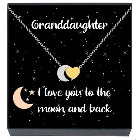 Granddaughter Moon Heart Pendant Necklace I Love You to The Moon and Back Necklace Jewelry Gifts for Christmas Stocking Stuffer Presents for Little Girls Kids Teens Women (2-Tone-Gold & Silver)