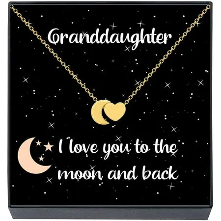 Granddaughter Pendant Necklace Jewelry Gifts I Love You to The Moon and Back Heart & Moon Necklace Jewelry Gifts for Christmas Stocking Stuffer Ideas Presents for Girls Teens Women (Gold Tone)