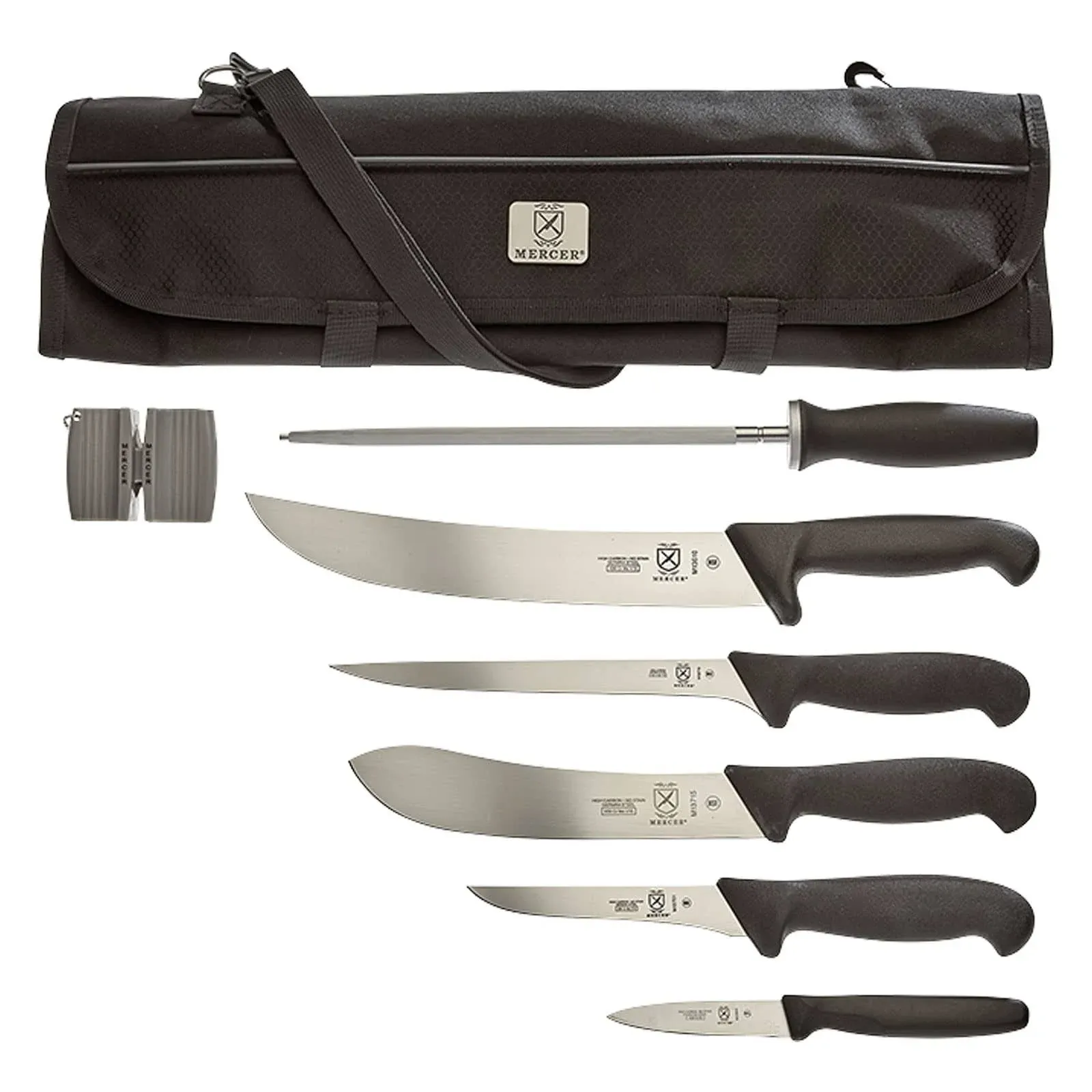 Large Field Dressing Kit, 8-Pc. includes 3in. slim paring, 5.1in. stiff boning, 8in. fillet, 8in. butcher, 10in. cimiter, 10in. steel, pocket sharpener, 7-pocket camouflage roll, knives are NSF