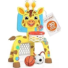 Move2play, Giraffe Basketball Hoop & Soccer Goal Activity Center | 30+ Sounds & Songs + 5 Lights | 1 2 3 Year Old Birthday Gift for Boys and Girls | Toy for Baby & Toddlers (Yellow)