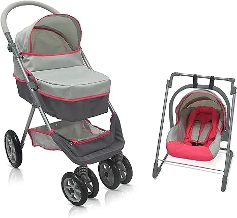 KOOKAMUNGA Kids 8 in 1 Baby Doll Stroller & Doll Accessories Set - Converts to Reversible Doll Carriage, Pram, Stroller, Toy Car Seat, Bassinet, Cot