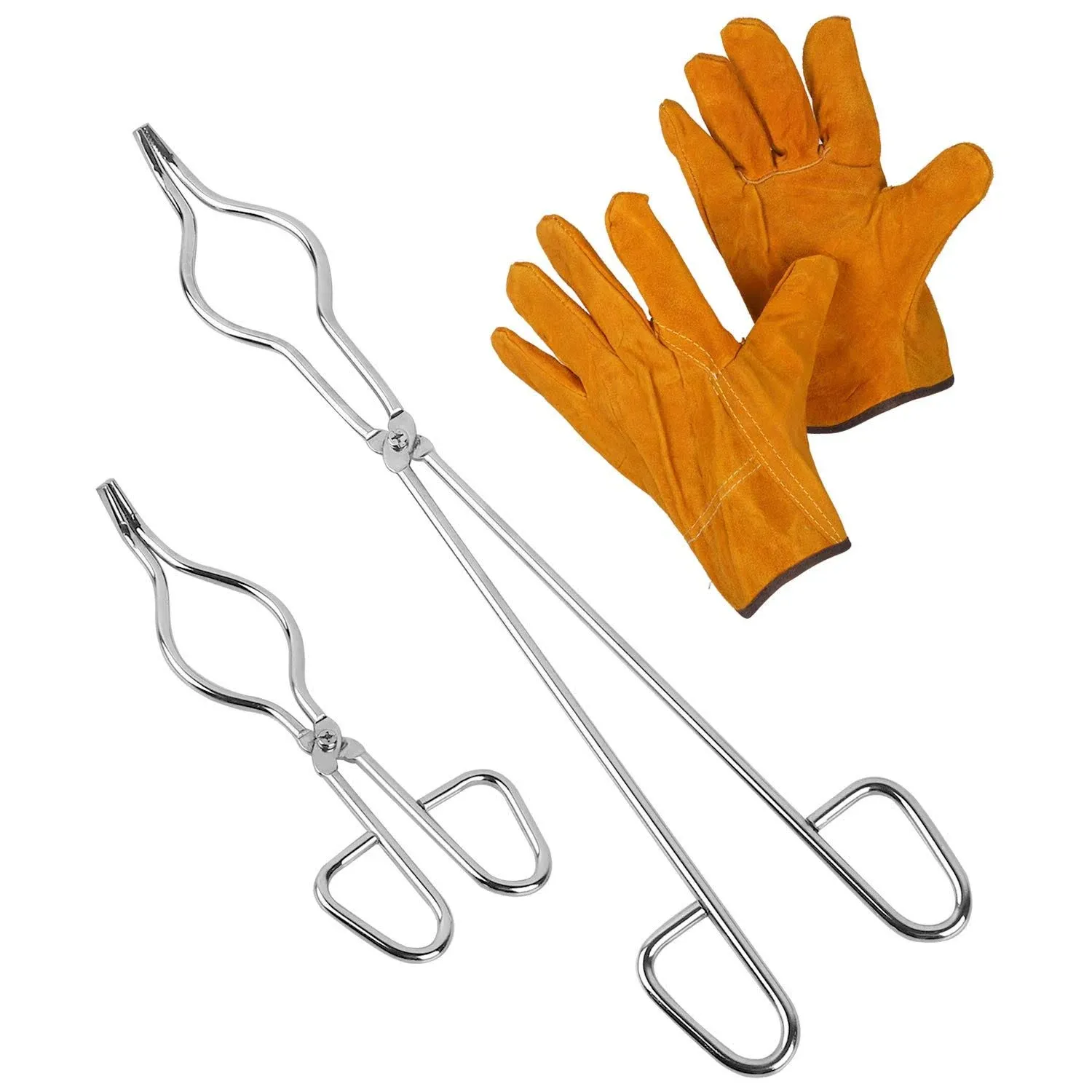 16 Inch & 8 Inch Crucible Tongs with General Gloves Set, Stainless Steel Professional Grade Crucible Kit Metal