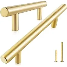 QOGRISUN 2-Pack Solid Brass Cabinet Pulls, Gold Euro Style T Bar Handles, 5-Inch Hole Center for Kitchen Drawer Dresser Cupboard, 7-Inch Total Length, Brushed Brass FinishQOGRISUN 2-Pack Solid Brass Cabinet Pulls, Gold Euro Styl…