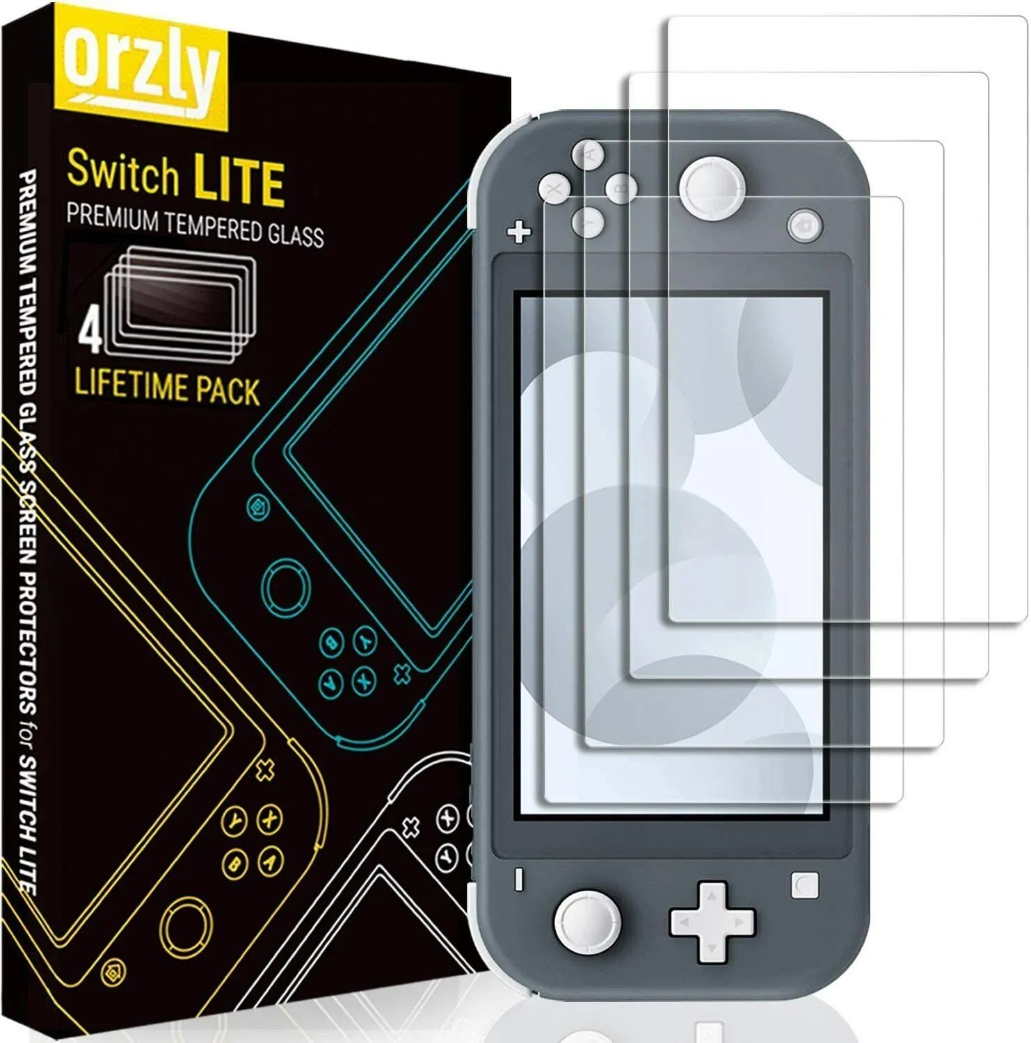 Orzly Screen Protector for Nintendo Switch Lite 2019 Model [4 Pack] Tempered Glass Screen Protectors. No Bubbles Easy Installation Anti Scratch Edition