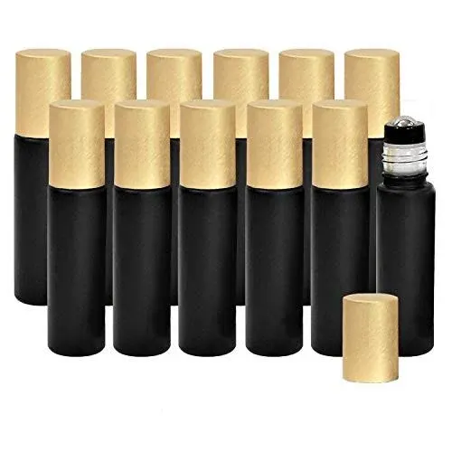 Black Glass Roller Bottles for Essential Oils - Leakproof Rollers - 12 pack