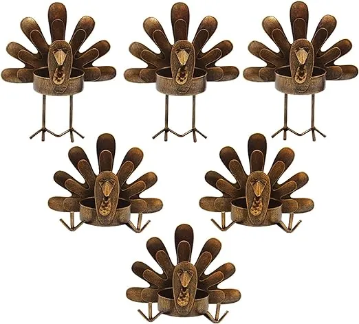 FORUP Metal Turkey Candle Holders, Set of 6 Thanksgiving Home Decor with Tea Light Candles