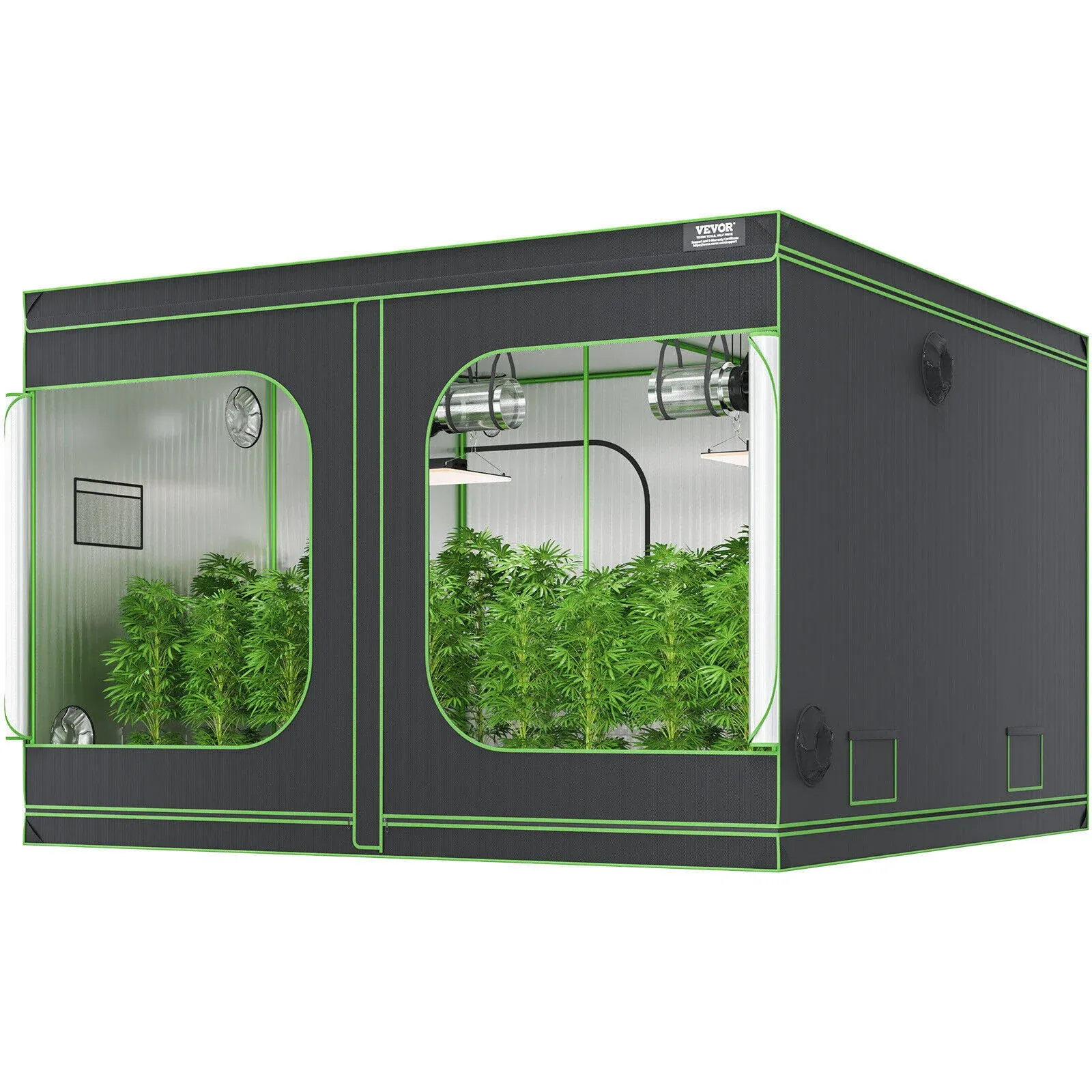 VEVOR 10x10 Grow Tent, 120'' x 120'' x 80'', High Reflective 600D Mylar Hydroponic Growing Tent with Observation Window, Tool Bag and Floor Tray for Indoor Plants Growing, Black + Green