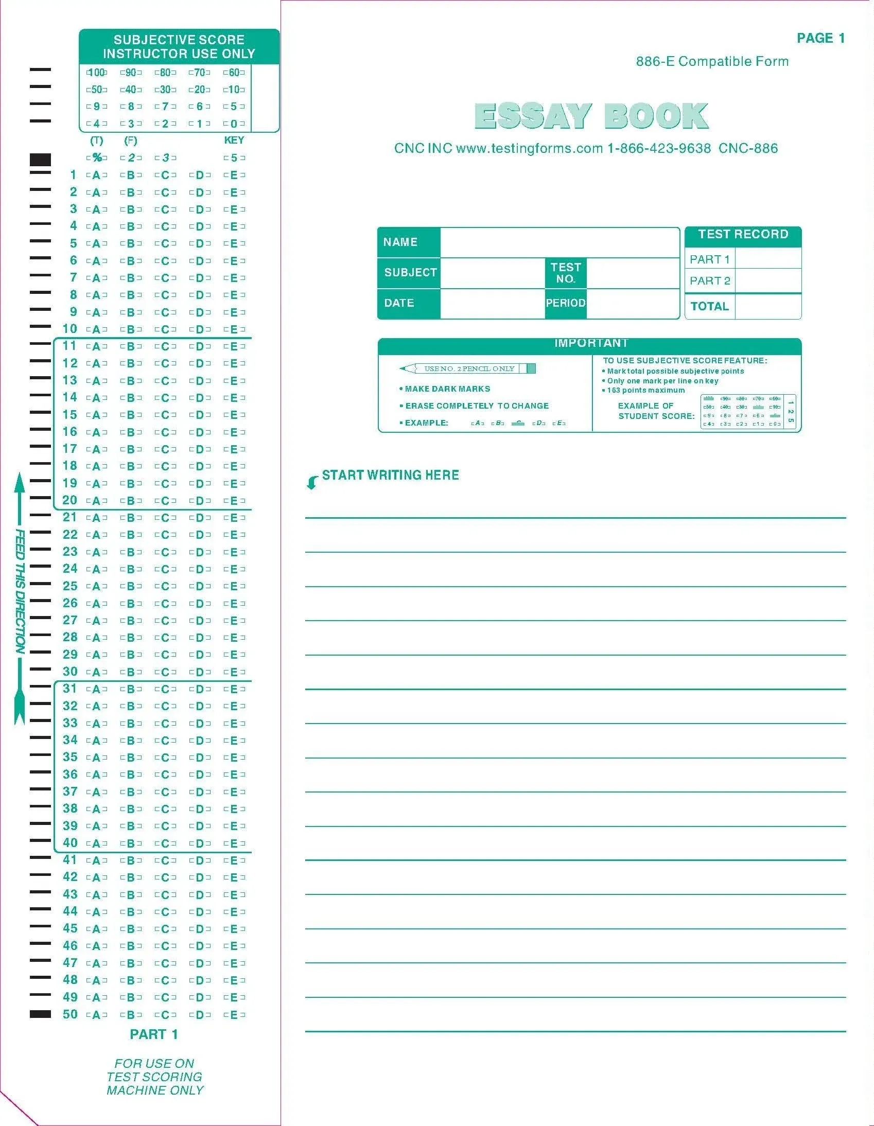 TEST-886E 886-E 100 Question Compatible Testing Forms (100 Sheet Pack)