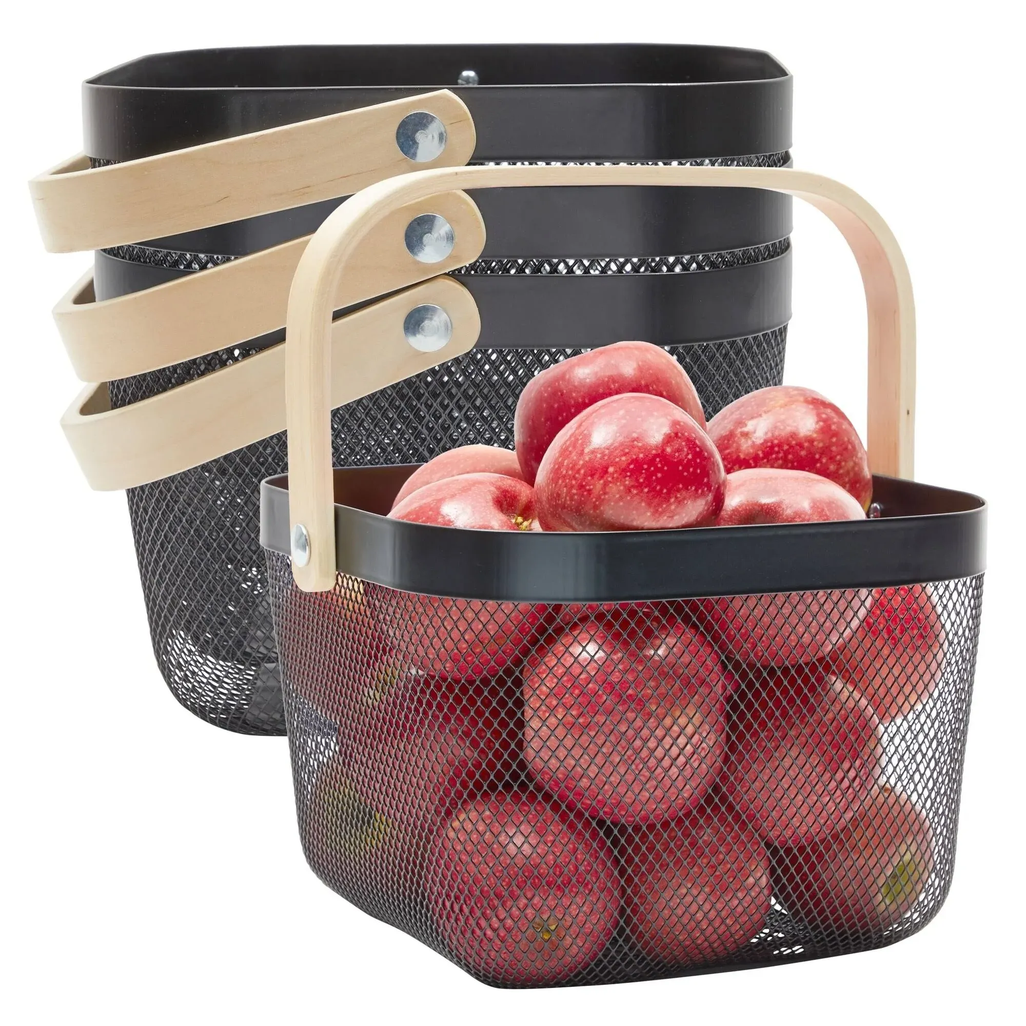 4 Pack Square Mesh Fruit Basket with Wooden Handle for Kitchen Storage ...