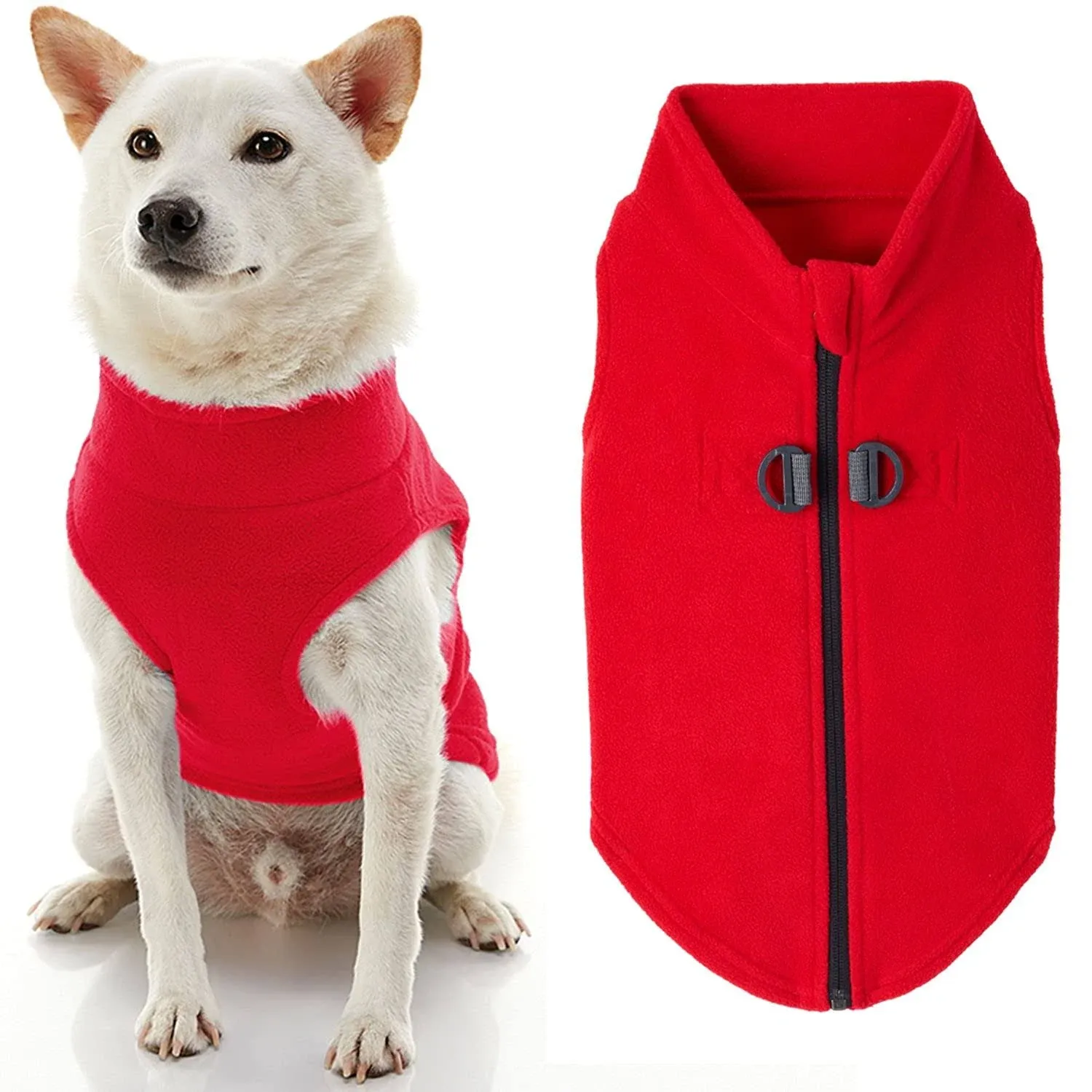 Gooby Zip Up Fleece Dog Sweater - Red, Medium - Warm Pullover Fleece Step-in Dog Jacket with Dual D Ring Leash - Winter Small Dog Sweater - Dog Clothes for Small Dogs Boy and Medium Dogs