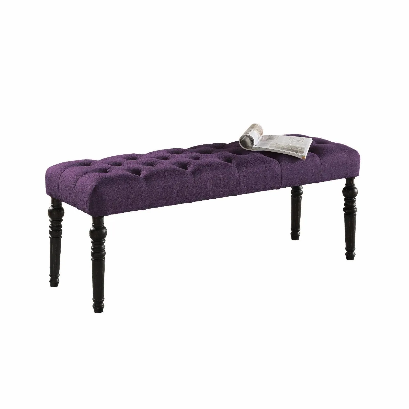 Roundhill Furniture Leviton Fabric Tufted Turned Leg Dining Bench in Purple