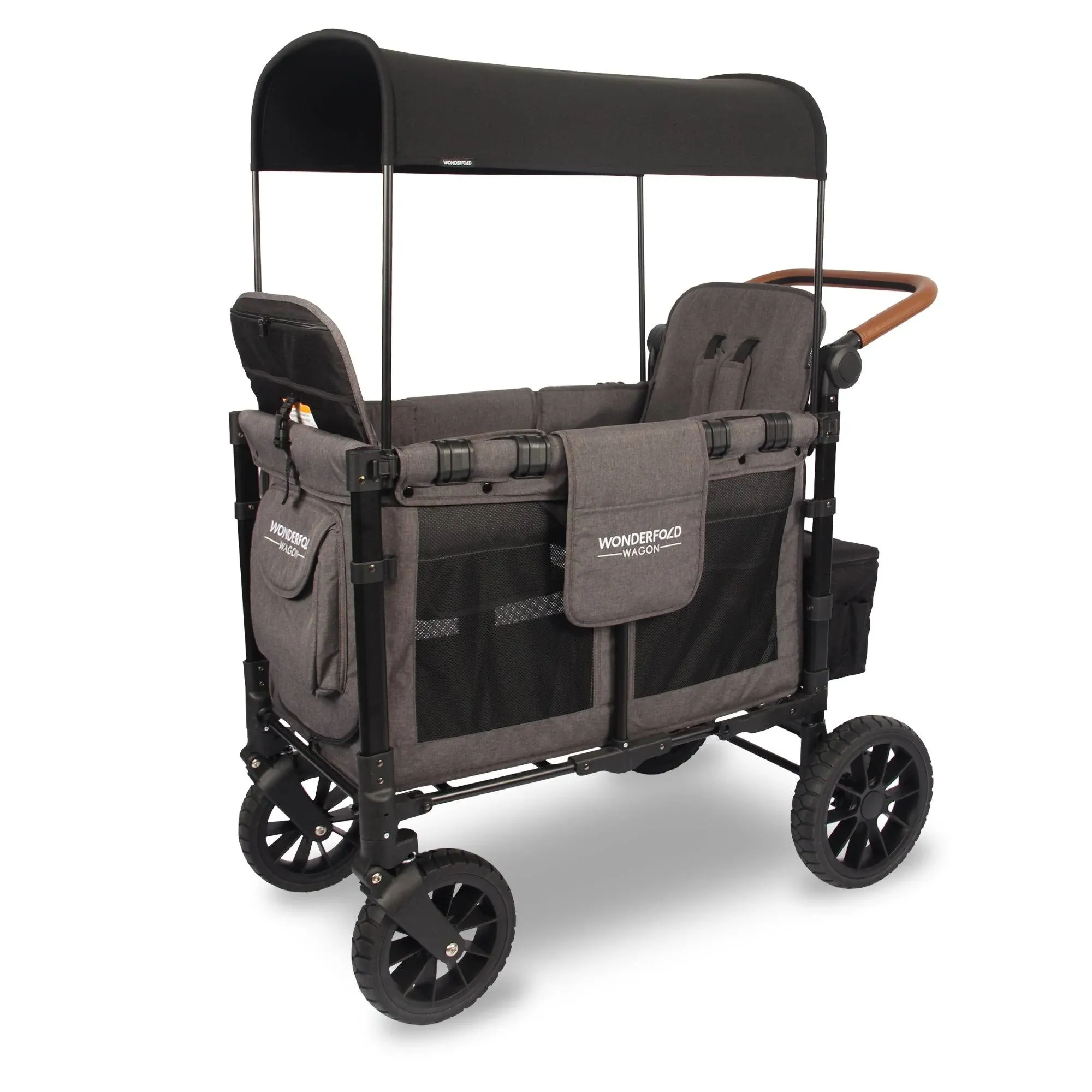 WONDERFOLD W2 Luxe Double Stroller Wagon Featuring 2 High Face-to-Face Seats with Magnetic Buckle 5-Point Harnesses and Adjustable/Removable UV-Protection Canopy, Volcanic Black