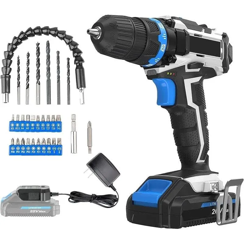 Combo Cordless Drills with 20V Lithium Ion Battery and Charger Bit Set