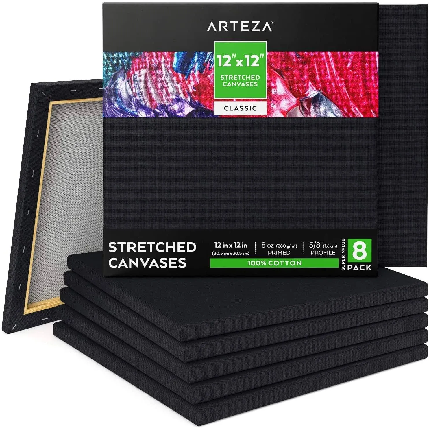 Arteza Classic Stretched Canvas | Black | 12 x 12 - Pack of 8