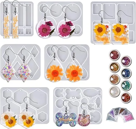 EMTFTOI 6pcs Resin Earring Mold and 1pcs Resin Pet Tag Mold,DIY Jewelry Resin Casting Molds Set with 14pcs Decorative Accessories Used for Earring