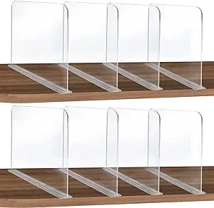 ROUFA 8Pcs Clear Acrylic Shelf Dividers, Adjustable Closet Organizer Fit for Any Thickness of Shelves, Multi-Purpose Wood Shelf Separators for Bedroom, Kitchen, Office, Bathroom, 11.8''x11''