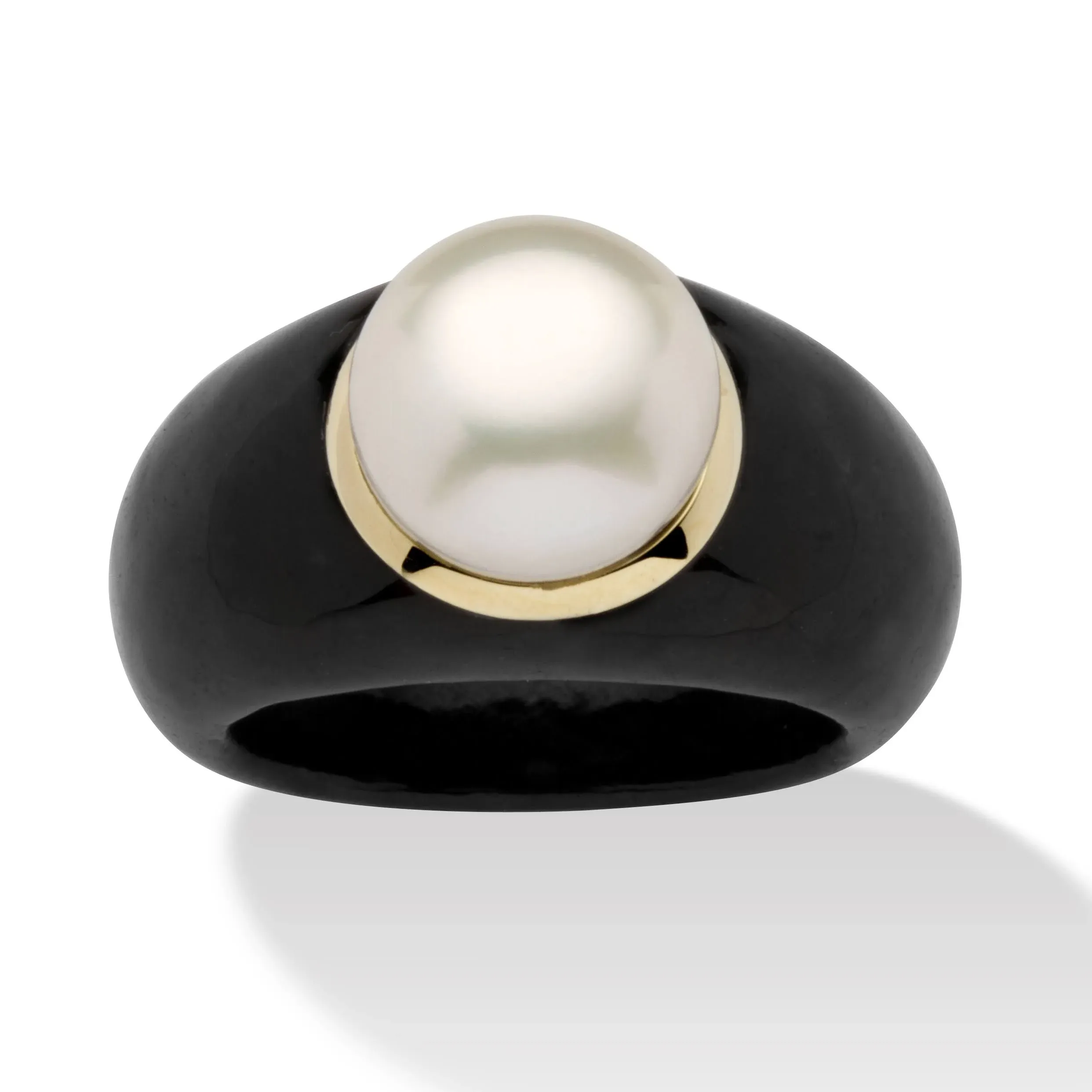 PalmBeach Jewelry 10K Yellow Gold Round Genuine Cultured Freshwater Pearl Genuine Black Jade Ring Sizes 6-10