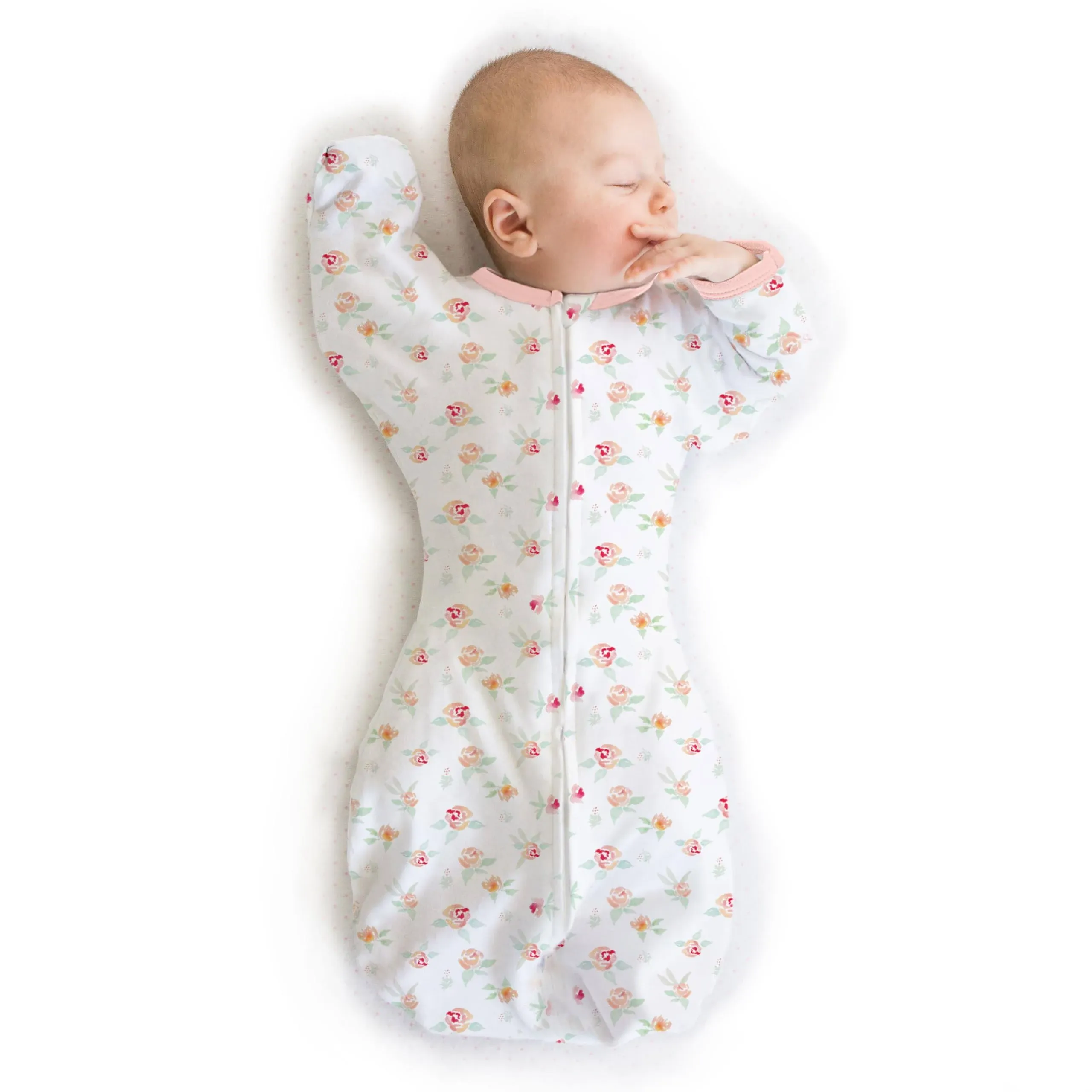 Transitional Swaddle Sack - Arms Up 1/2-Length Sleeves & Mitten Cuffs, Watercolor Peachy Pink Floral 0-3 Mo 6-14 lbs Small