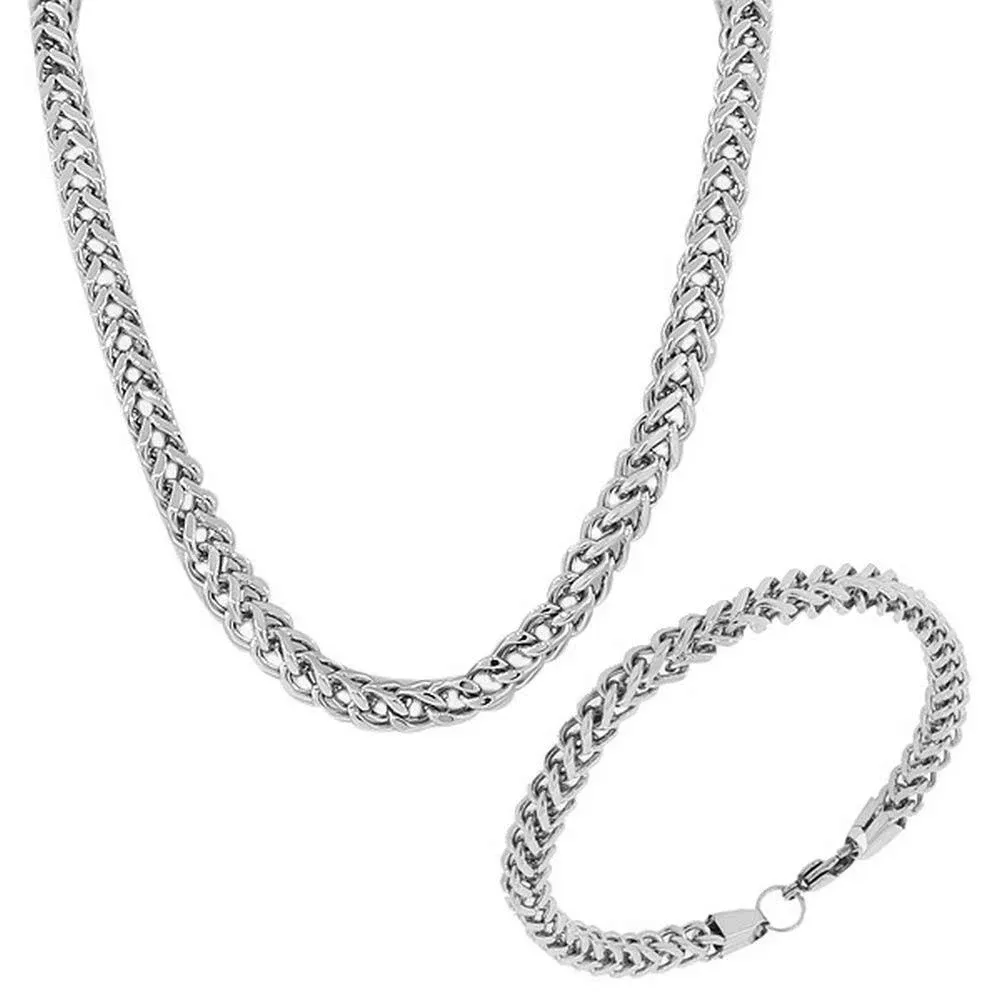 Stainless Steel Mens Franco Link Chain Necklace and Bracelet Set