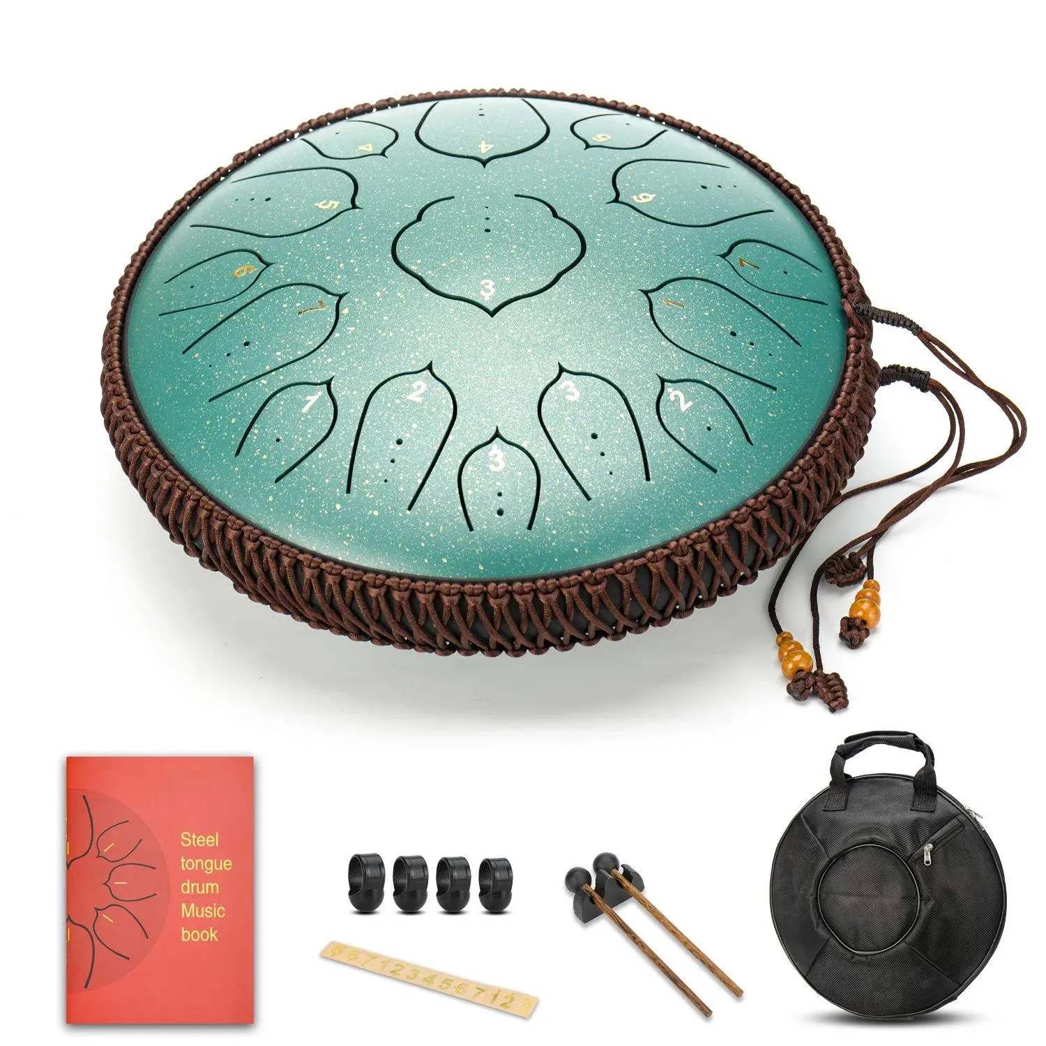 Steel Tongue Drum with Carrying Bag, Mallets, and Green 15 Notes, 14-inch Steel