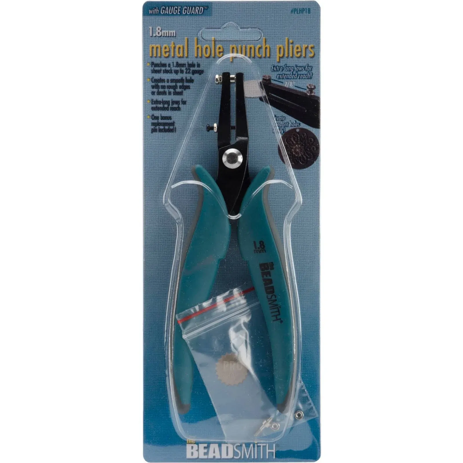 Hole Punch Pliers  1.8mm ROUND hole, punches up to 22 gauge soft metals, extra long jaws, replacement pin included, tol0457