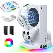 Cooling Fan Stand for Xbox Series S Console - Charging Station for Controller with RGB Light, MENEEA Cooler System&Fast Charger Accessories with 2* 1400mAh Rechargeable Batteries, Headphone Hook White