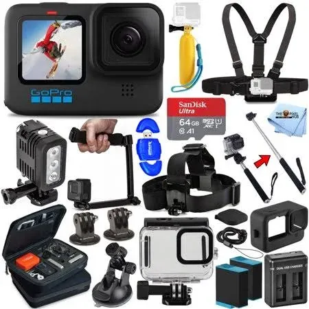 GoPro HERO10 Hero 10 Camcorder Black - Ultimate Bundle Includes: Sandisk Ultra 64GB microSD, 2X Extra Batteries, Charger, Underwater Housing, LED Light Kit, Carry Case and More