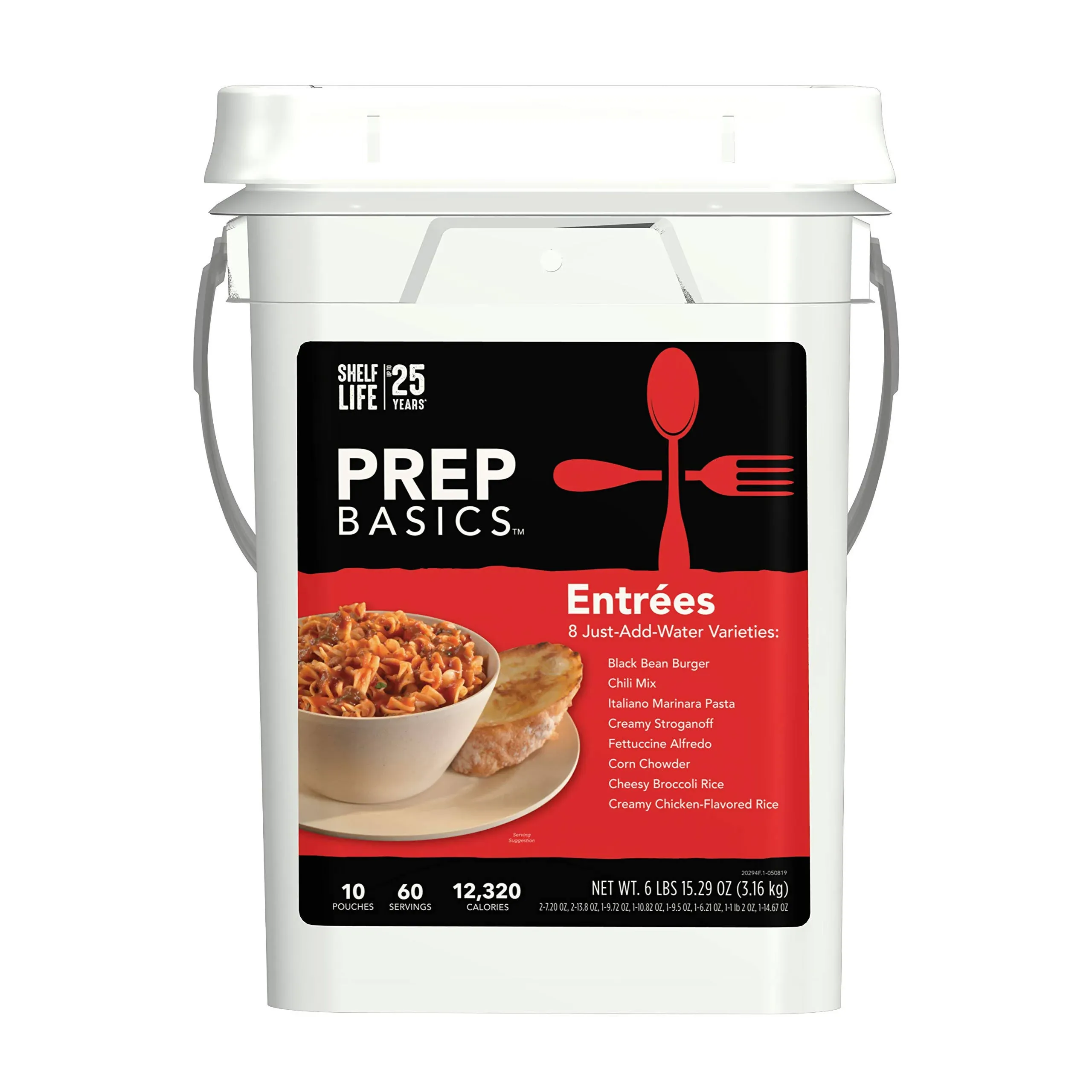 Prep Basics アントレ バラエティ ペール、8 種類の非常食、総タンパク質 392 グラム、最大 25 年の保存期間、98.4 オンス