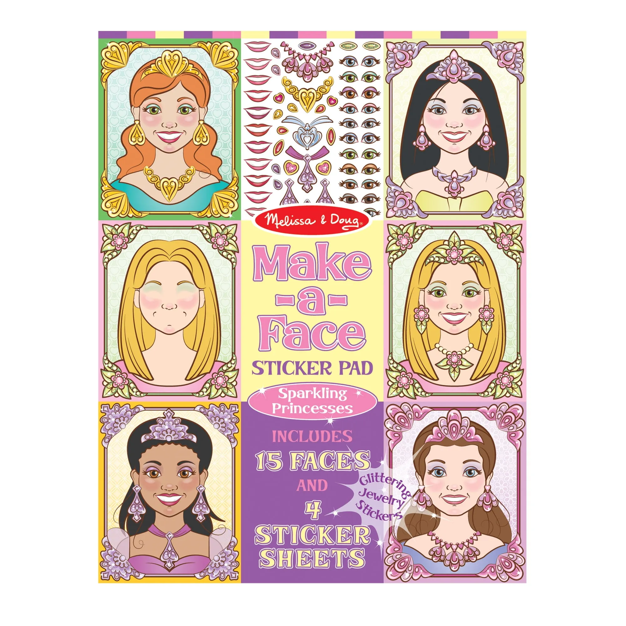 Melissa & Doug Make-a-Face Sticker Pad: Sparkling Princesses - 15 Faces, 4 Sticker Sheets - FSC-Certified Materials