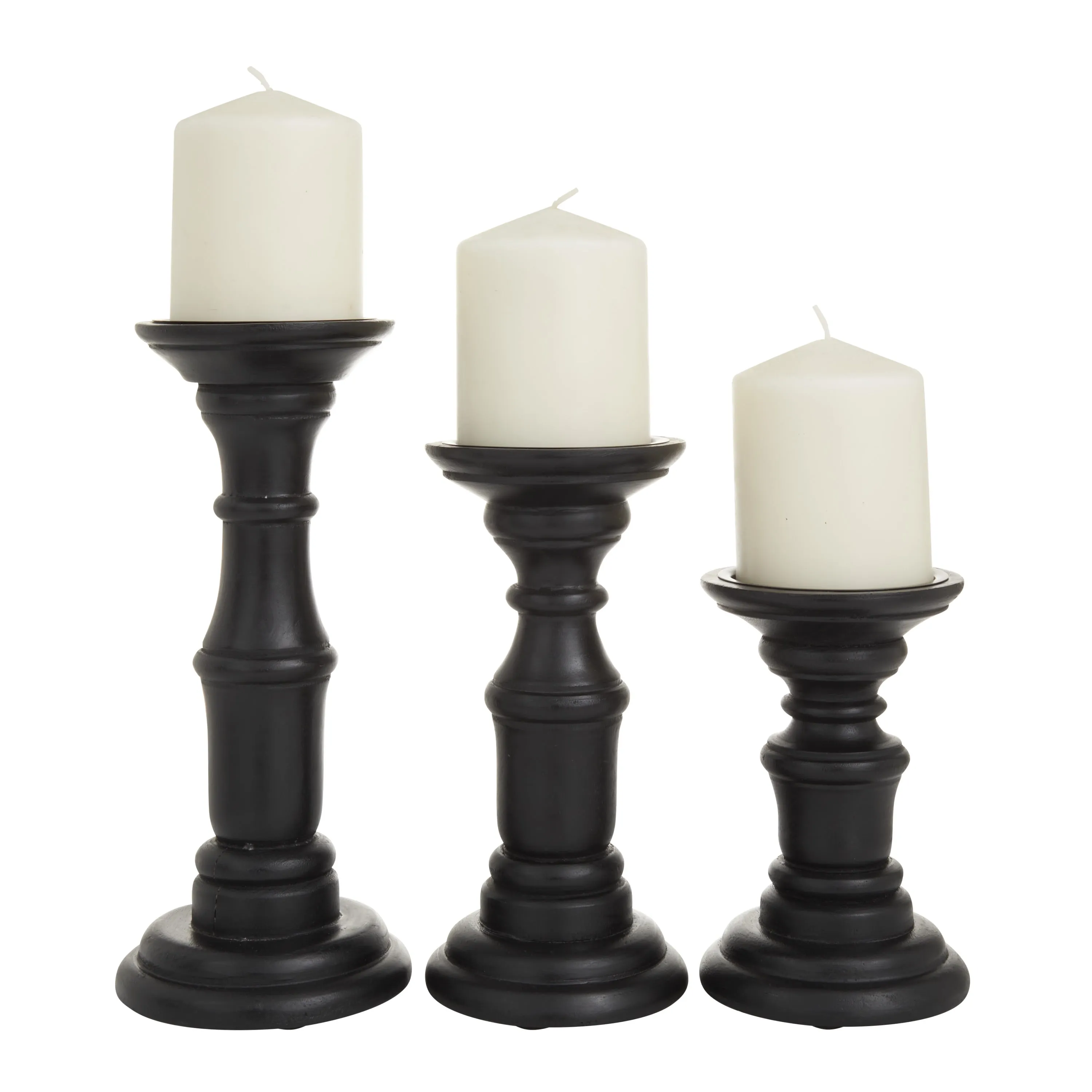 DecMode 3 Candle Black Mango Wood Turned Style Pillar Candle Holder, Set of 3