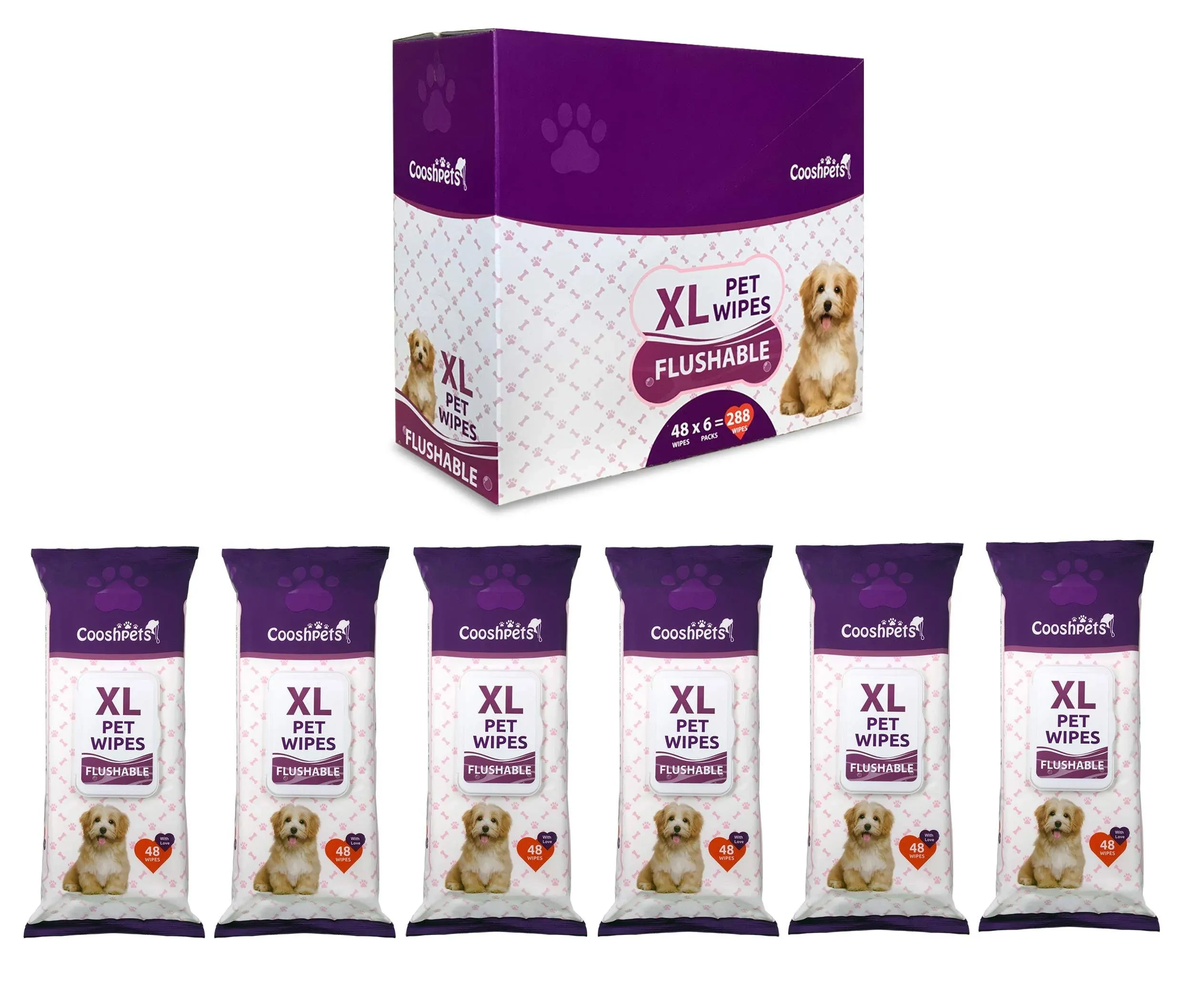 Premium Formulations XL FLUSHABLE Pet Wipes - Deodorizing,Grooming Wipes for Dogs & Cats - Earth-Friendly, Hypoallergenic Value Buy (6 Packs x 48 Wipes = 288 Wipes)