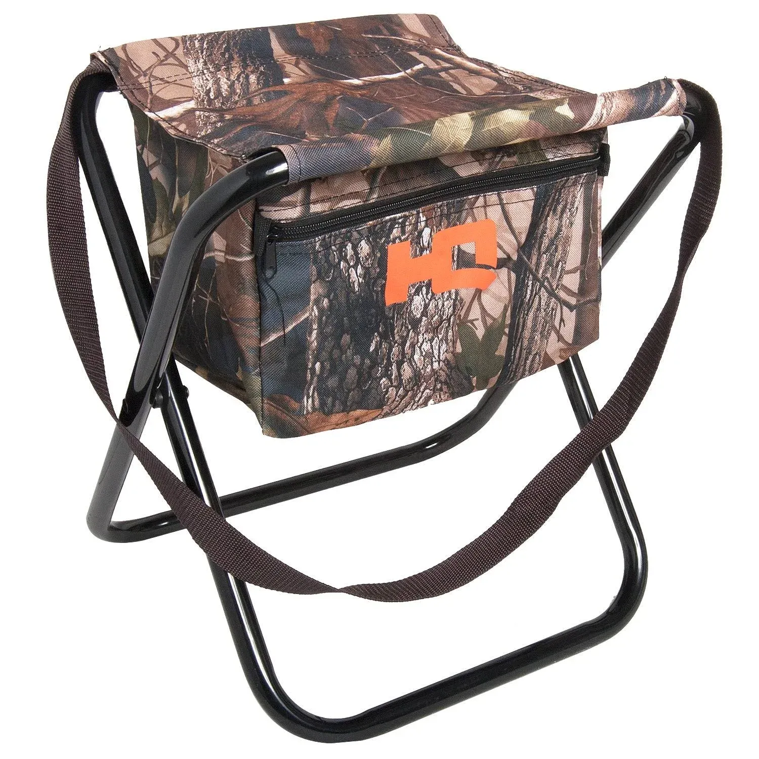 HQ Outfitters Folding Camo Stool with Heavy Duty Nylon Fabric Storage Pocket - 19mm Frame.