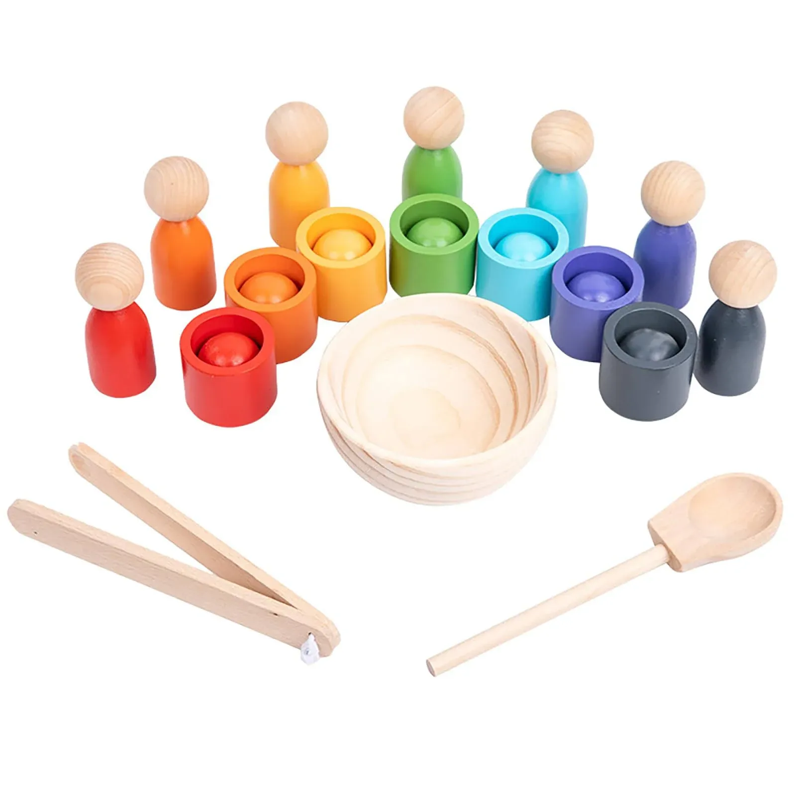 Montessori Balls in Cups Wooden Peg Dolls in Cups, Toddler Color Sorting Toys and Matching Game, Preschool Learning Activities Educational Fine Motor