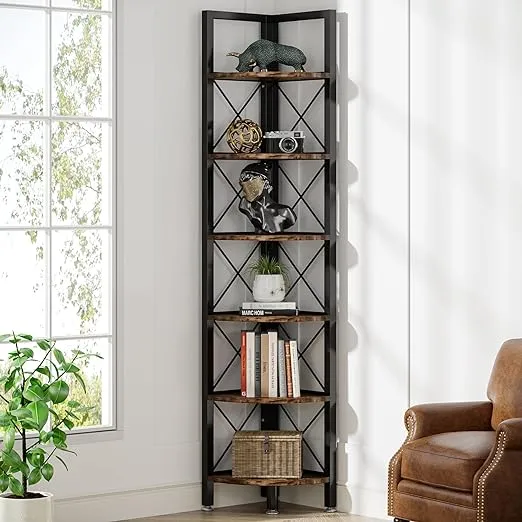 Tribesigns 6 Tier Corner Shelf, Rustic Corner Bookshelf Small Bookcase Corner Storage Rack Plant Stand for Living Room, Home Office, Kitchen, Small Space