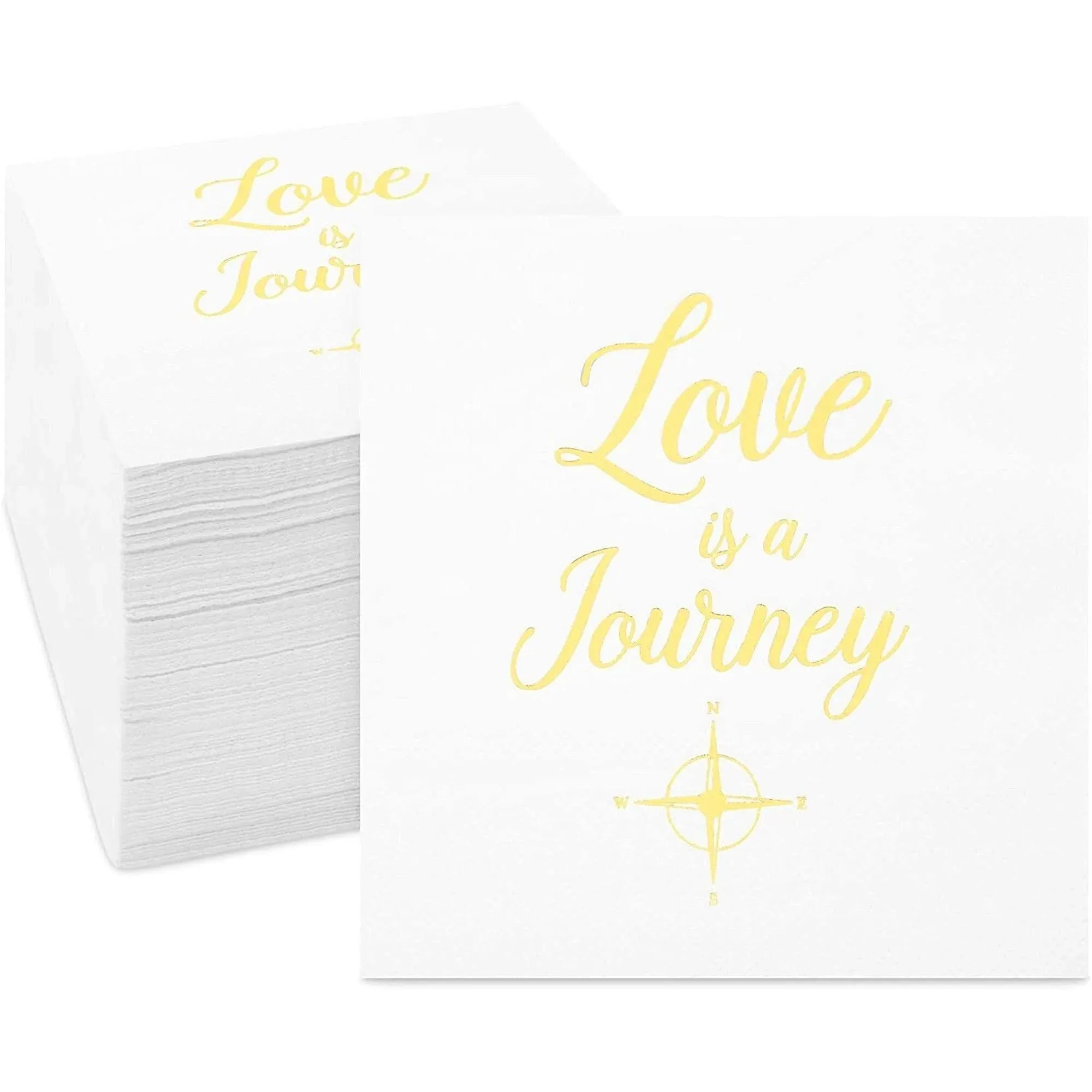 Sparkle and Bash Wedding Cocktail Napkins, Love is a Journey, Gold Foil (5 x 5 In, 100 Pack)